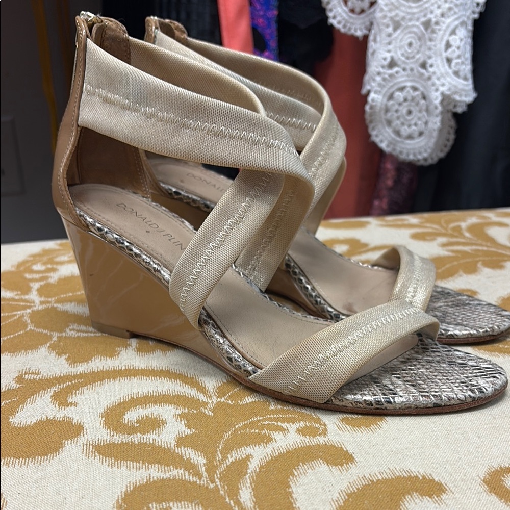 Donald J. Pliner Cream and Brown Wedge Sandals with Ankle Strap